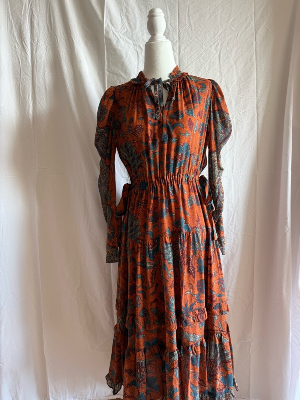 Ulla Johnson Authentic Rust and Teal Floral Long Sleeve Tiered Dress